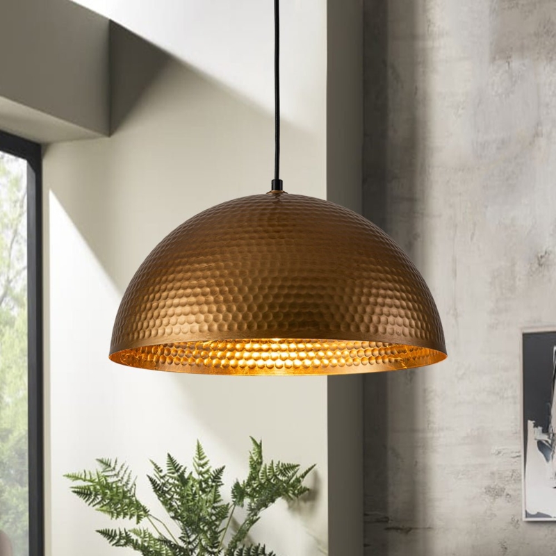 Pendant Light, Single-Light Dome, Hammered Texture, Aged Brass Finish