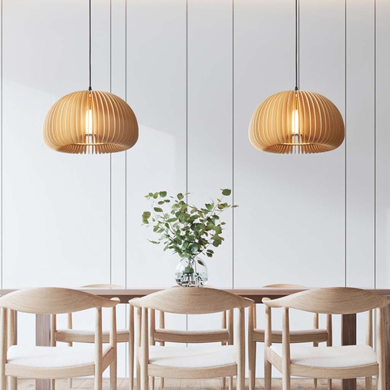 Pendant Light Slatted Wood Pumpkin Shape Japandi Style Light Finish