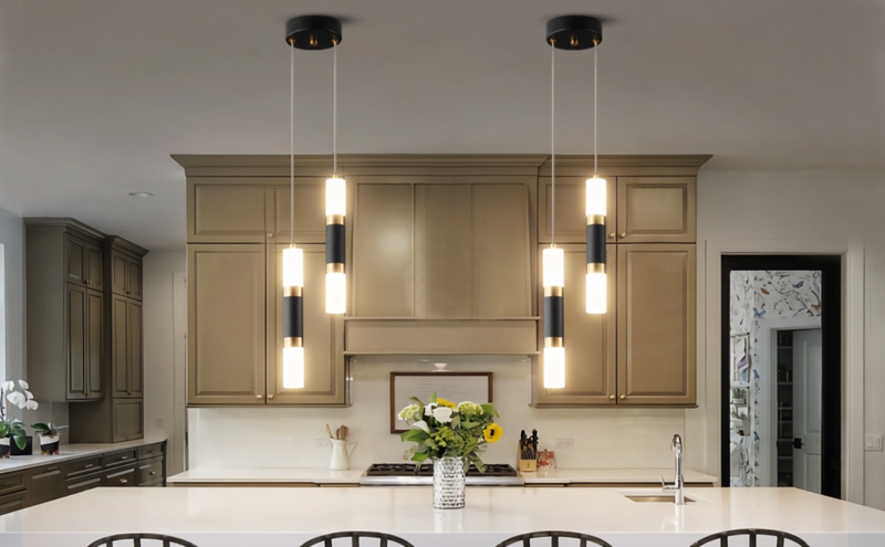 Pendant Light Slim Cylinder Black Gold Bubble Glass Effect LED