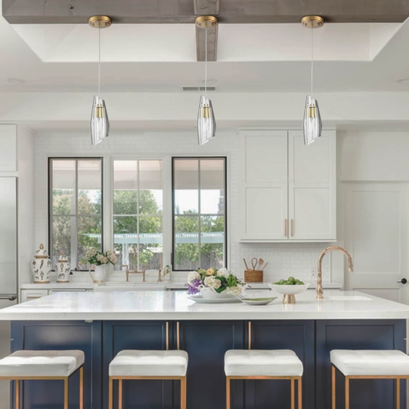 Pendant Light, Slim Vertical Gold Silhouette, Crystalline Glass Shade