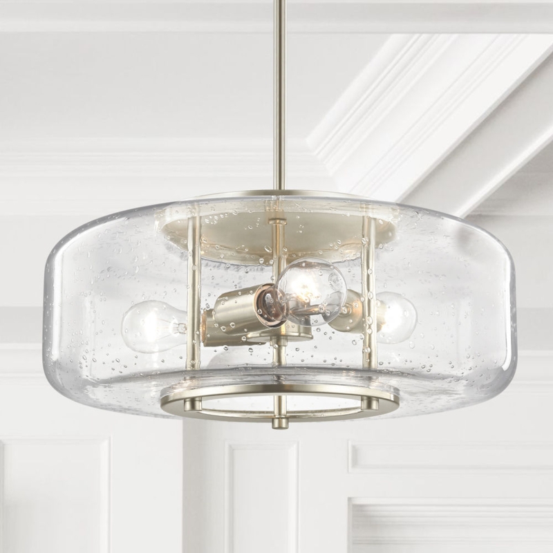 Pendant Light Spherical Globe with Seeded Glass and Satin Nickel Finish