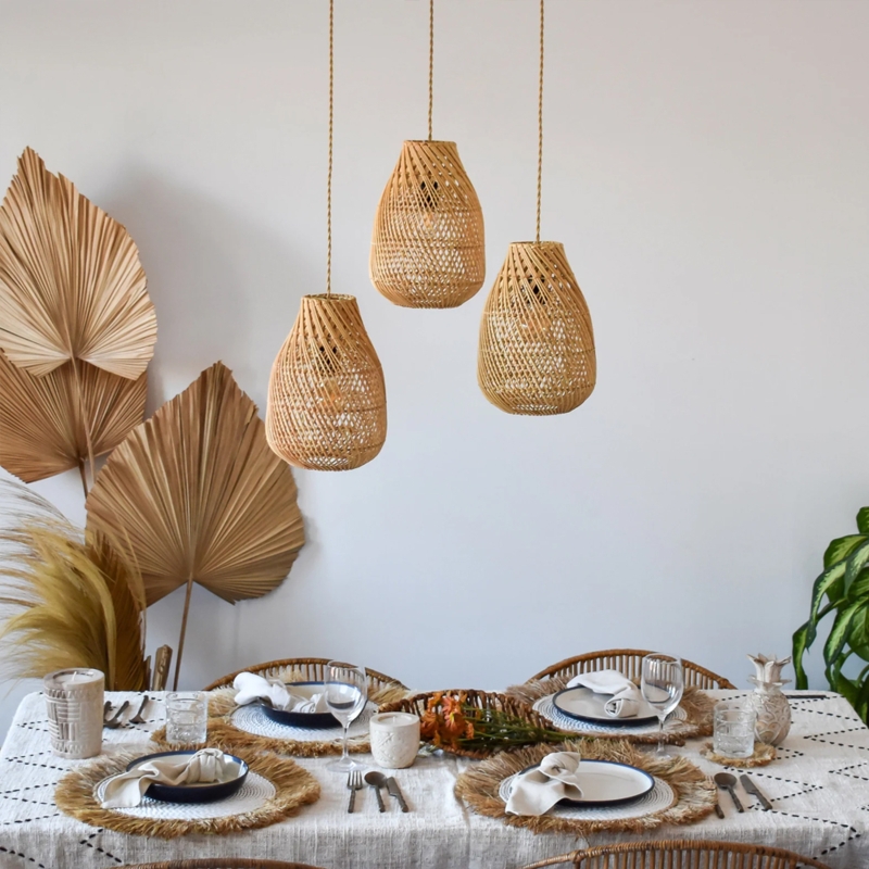 Pendant Light Spherical Hand-Woven Rattan for Organic Modern Dining