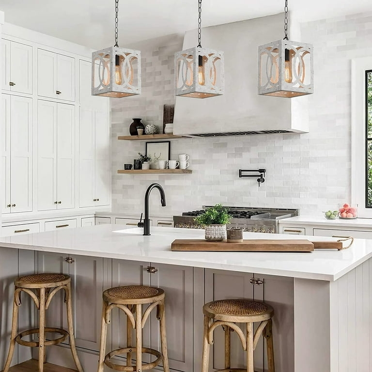 Pendant Light Square Lantern Pendant Distressed White Metal Frame Single
