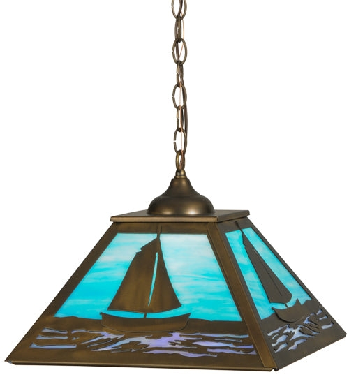 Pendant Light Square Stained Glass Sailboat Motif Craftsman