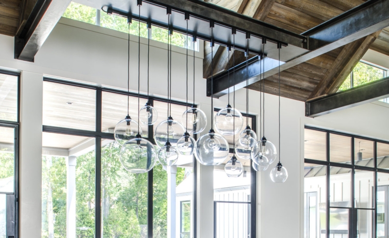 Pendant Light, Staggered Blown Glass with Exposed Filament Bulbs