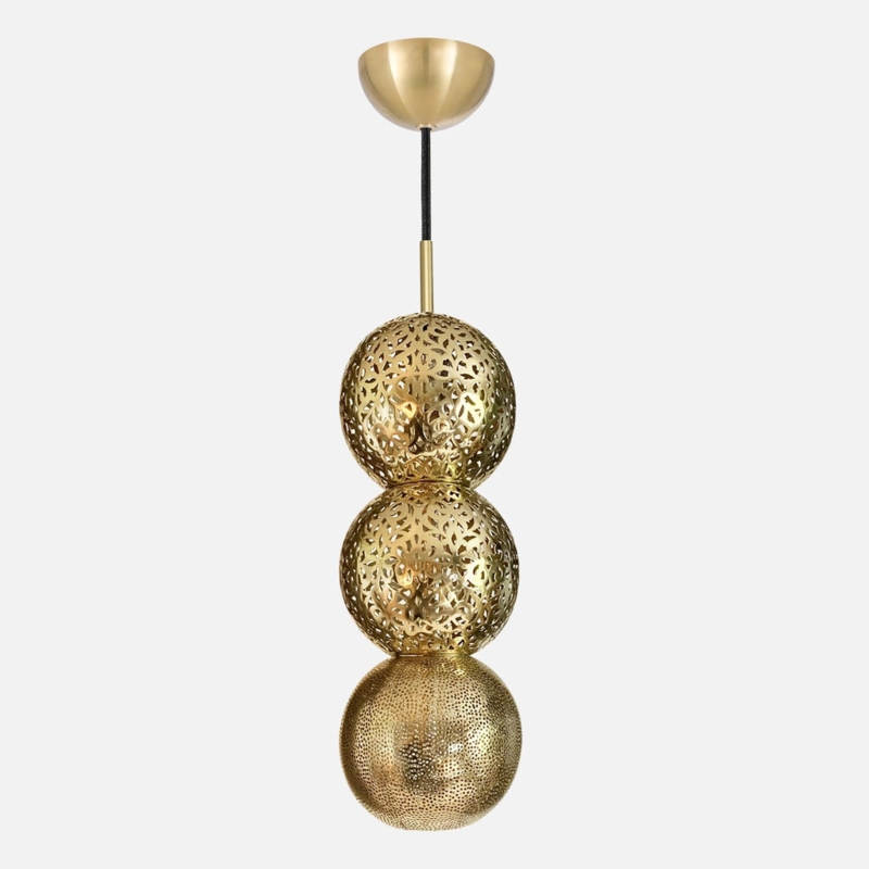 Pendant Light Staggered Brass Trio with Perforated Globe Shades