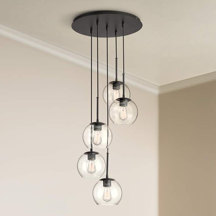 Pendant Light, Staggered Horizontal Arms with Smoky Glass Globes