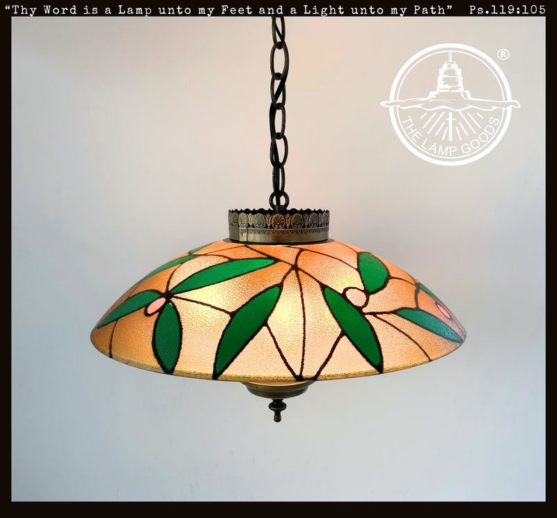 Pendant Light: Stained Glass Floral Pattern, Bell Shade, Brass Finish
