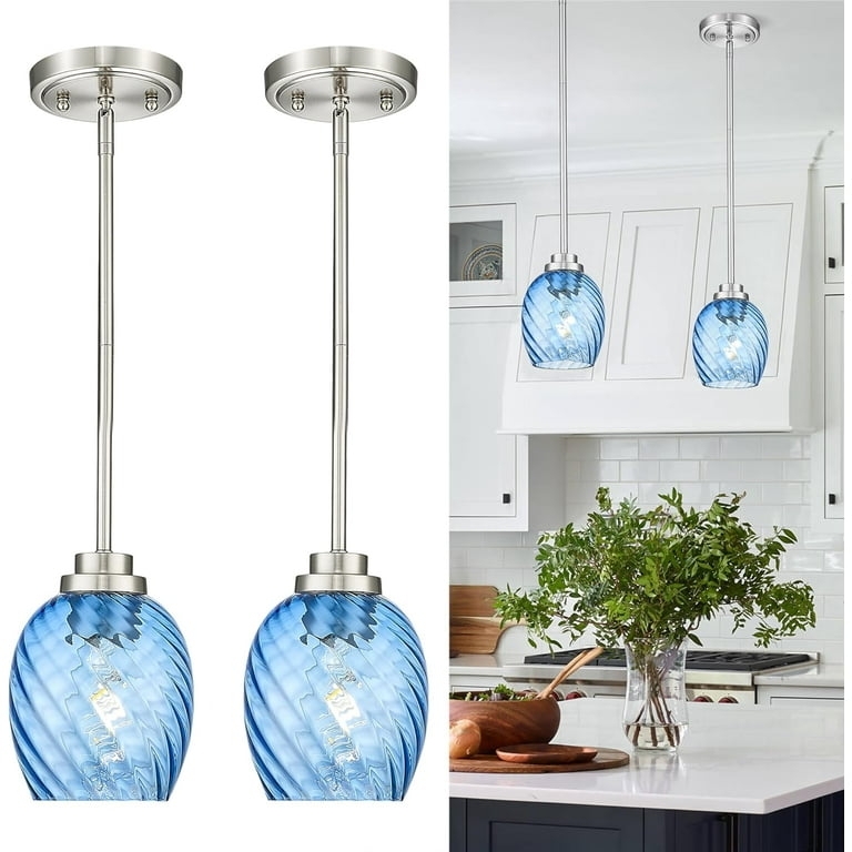 Pendant Light Striped Blue Glass Bell Silhouette Brushed Nickel