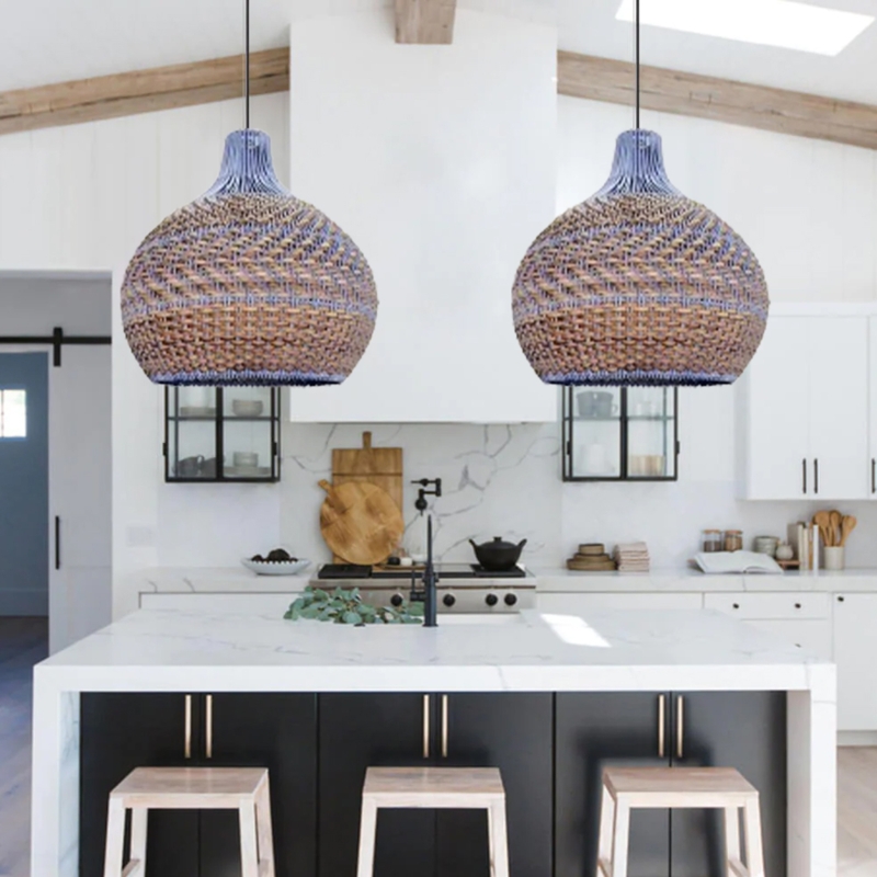 Pendant Light Teal Finish Woven Rattan Dome Shades Coastal Bohemian