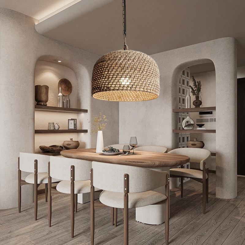 Pendant Light Teardrop Woven Shade Natural Hemp Fiber Japandi Style