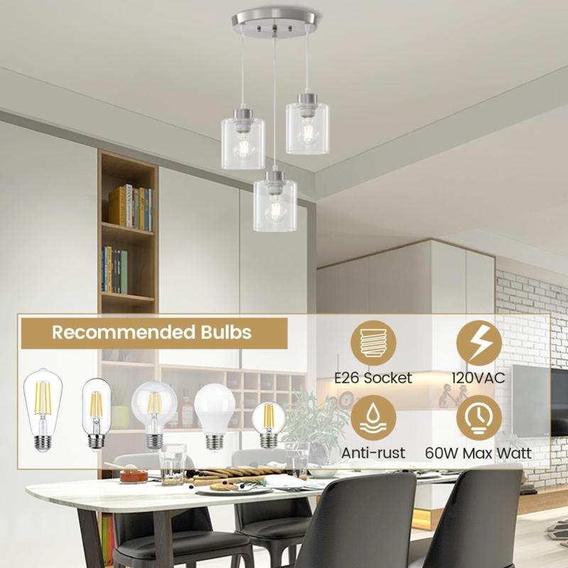 Pendant Light Three-Light Cylindrical Glass Shades Brushed Nickel Fixture