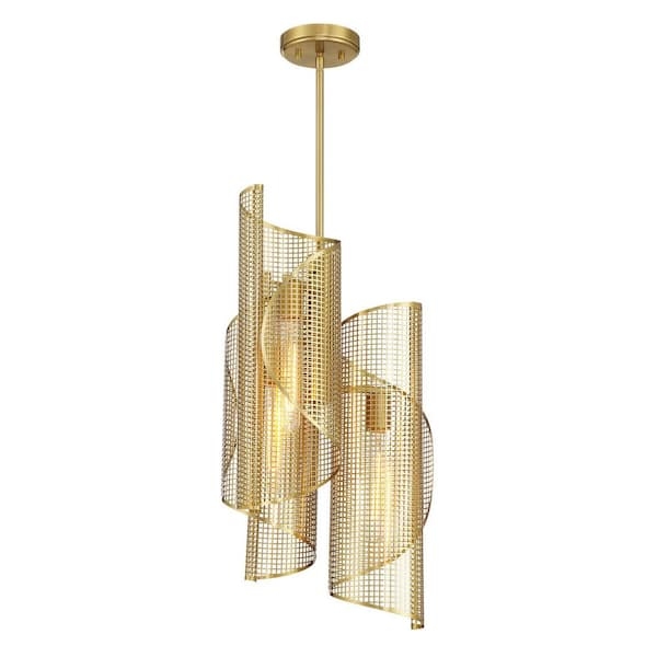Pendant Light Three Light Warm Brass with Glass and Metal Ribbon Shades