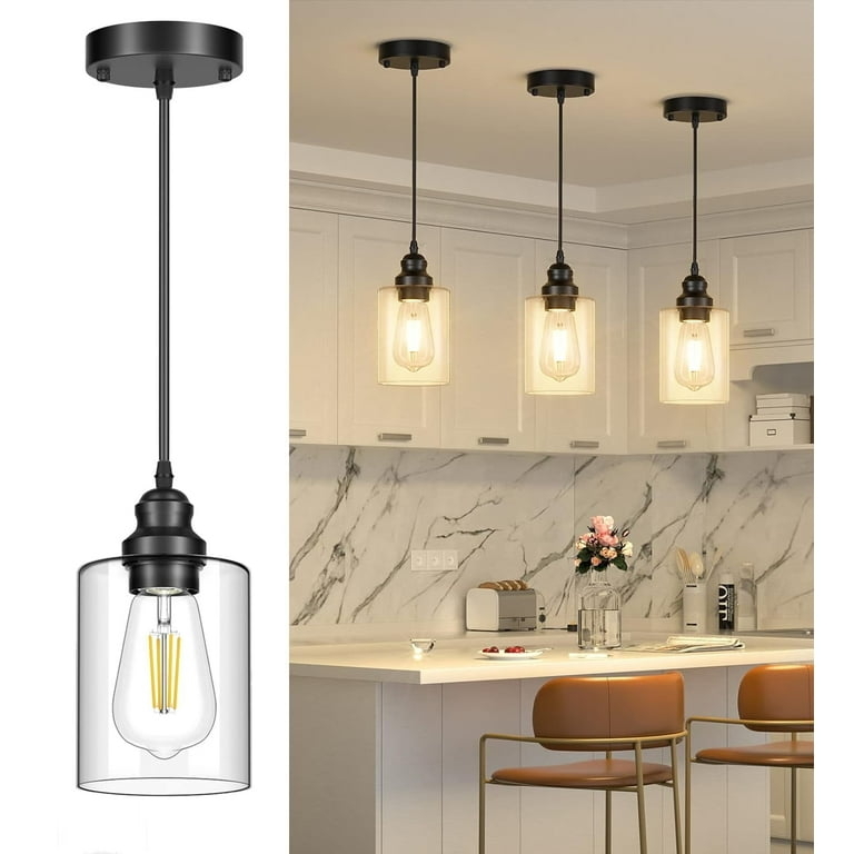 Pendant Light Three Pack Set Matte Black Clear Glass Shades