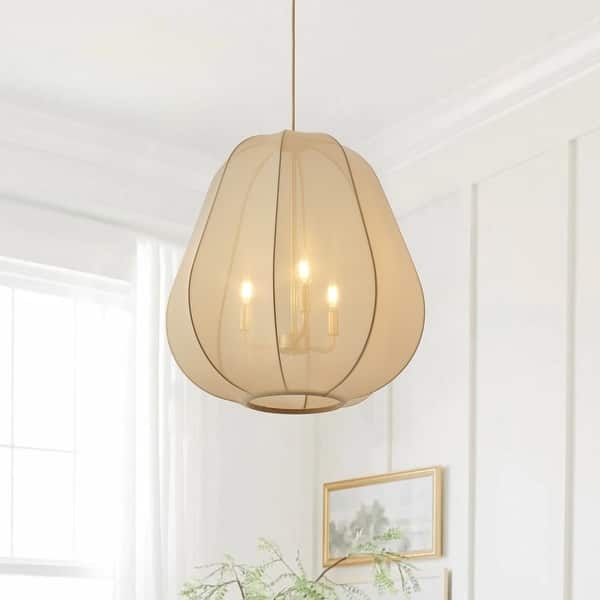 Pendant Light: Three Tier Beige Fabric Drum Shade Fixture