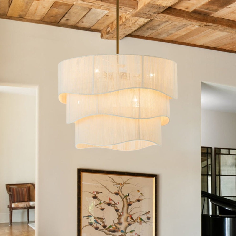 Pendant Light Three Tiered Drum Bleached Rope Wrap Matte Finish