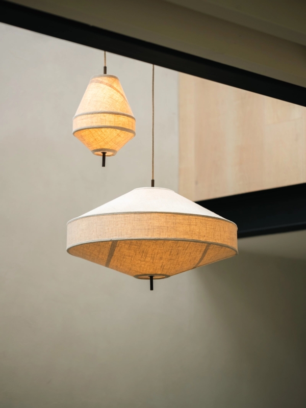Pendant Light: Three-Tiered Linen Drum, Aged Brass