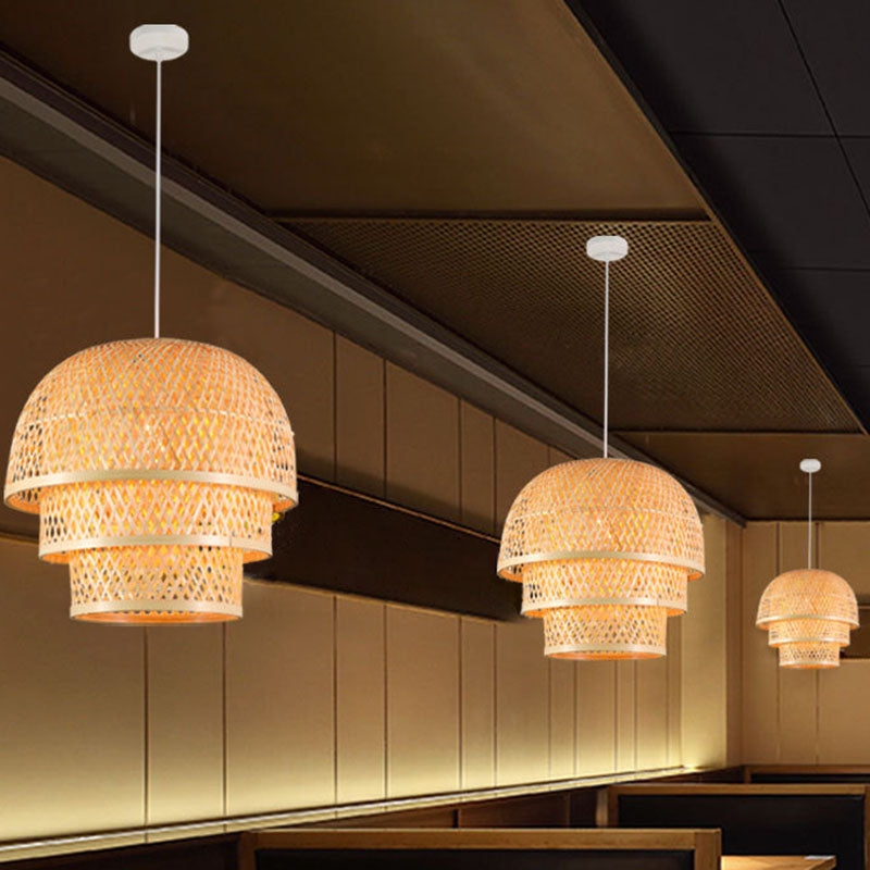 Pendant Light Three Tiered Woven Bamboo Asian Style
