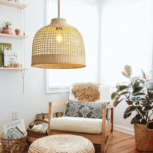 Pendant Light: Three Tiered Woven Rattan Chandelier, Black Metal