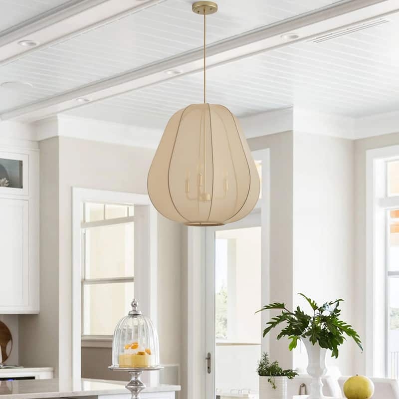 Pendant Light: Tiered Beige Fabric Shade with Wavy Silhouette