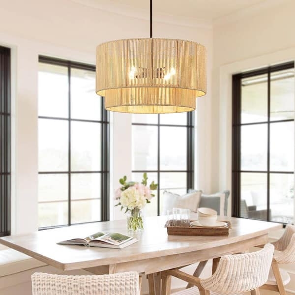 Pendant Light: Tiered Woven Rattan Drum in Bohemian Coastal Style