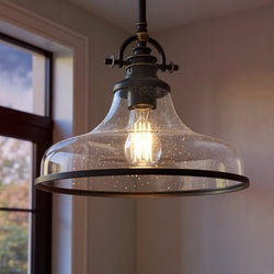 Pendant Light Traditional Antique Bronze Open Cage Glass Cylinder