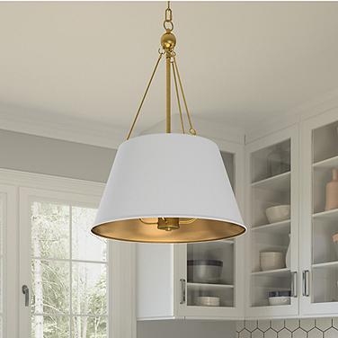 Pendant Light, Transitional Aged Brass Hardware and Lustre Dome Shade