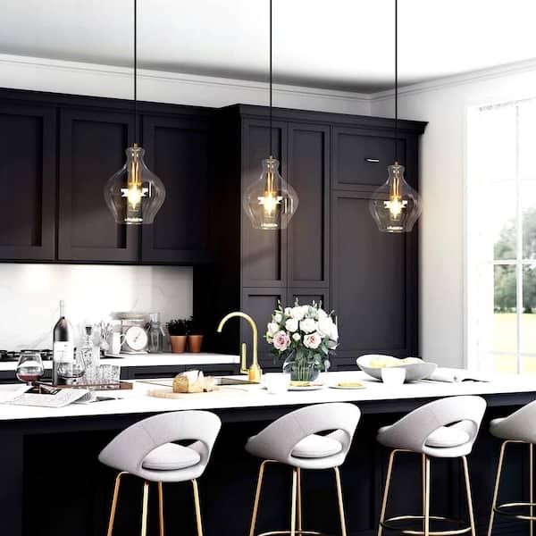 Pendant Light: Transitional Bell Shade, Black and Brass Finish