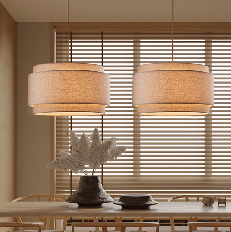 Pendant Light: Transitional Double Layered Drum Natural Linen Fabric