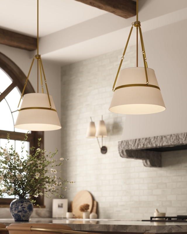 Pendant Light: Transitional White Linen & Aged Gold