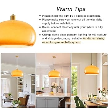 Pendant Light Translucent Orange Glass Dome Mid Century Fixture