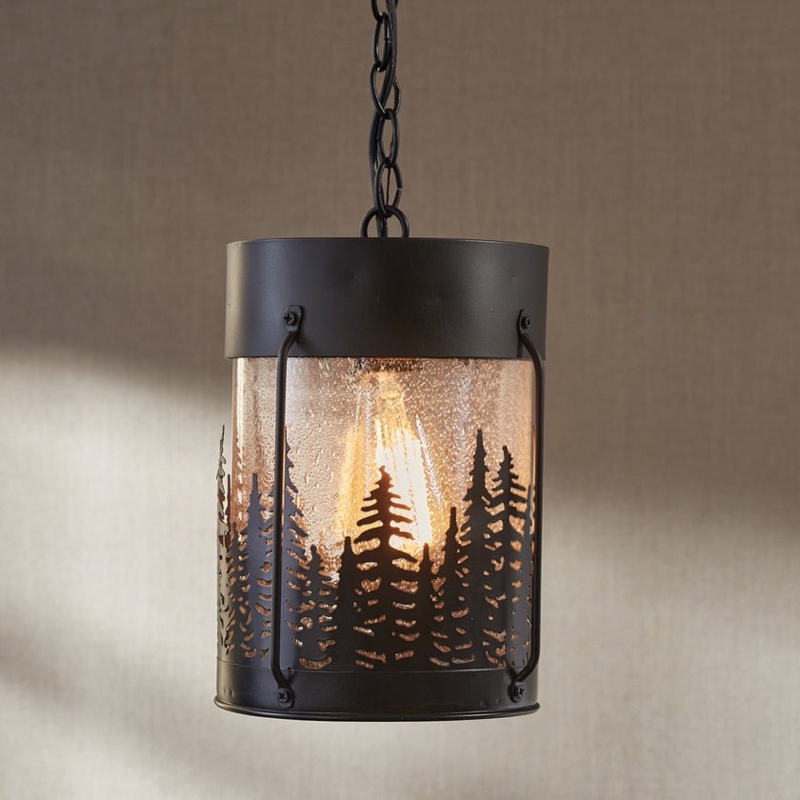 Pendant Light Tree Silhouette Cutouts & Amber Inner Shade, Dark Bronze