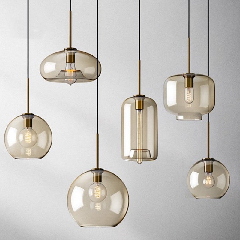 Pendant Light Trio Amber Glass Organic Shapes Staggered Mid Century