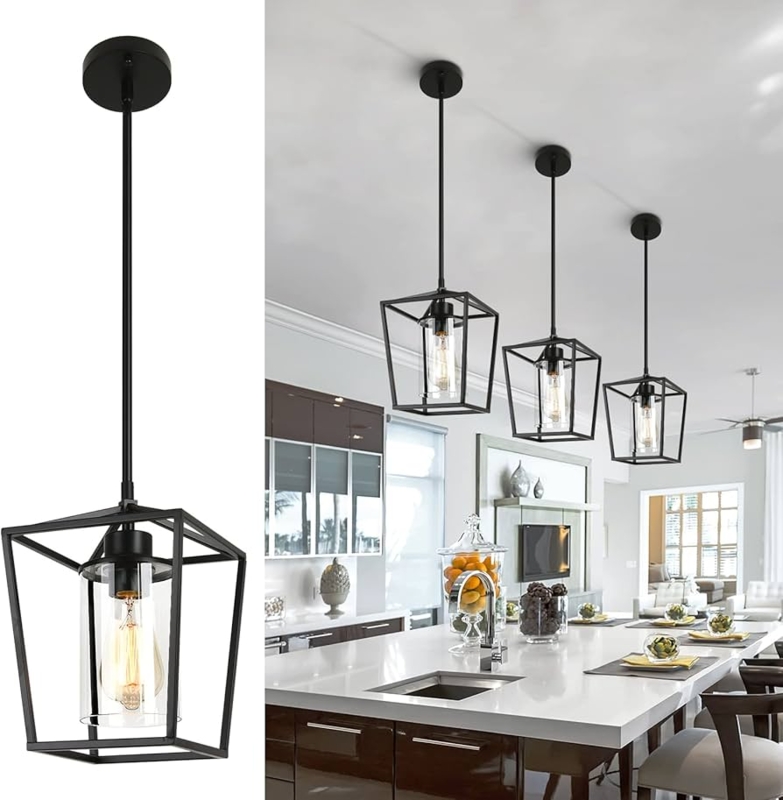 Pendant Light Trio Black Geometric Cage Industrial Farmhouse