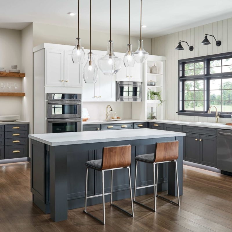 Pendant Light Trio: Brass Globe Shades in White Kitchen
