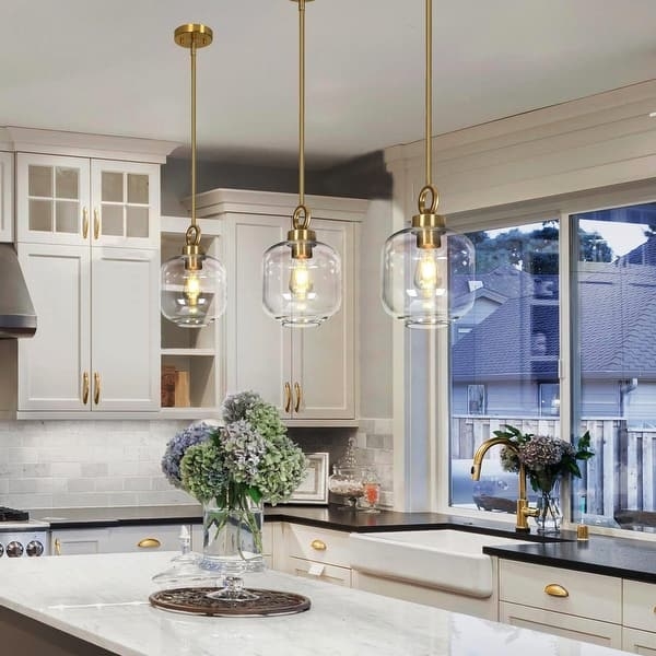 Pendant Light Trio Clear Glass Globes Mixed Metal Accents Farmhouse