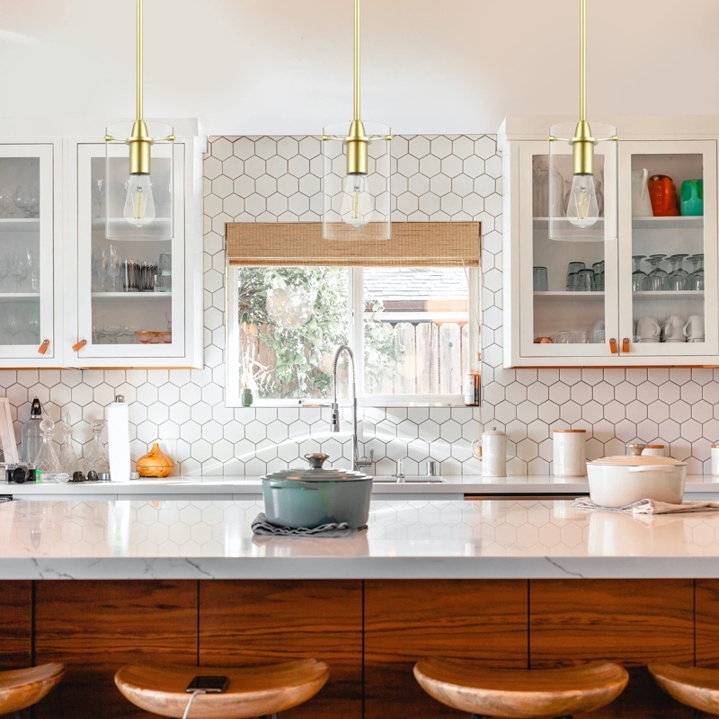 Pendant Light Trio Satin Brass Clear Glass Cylinder Kitchen Island