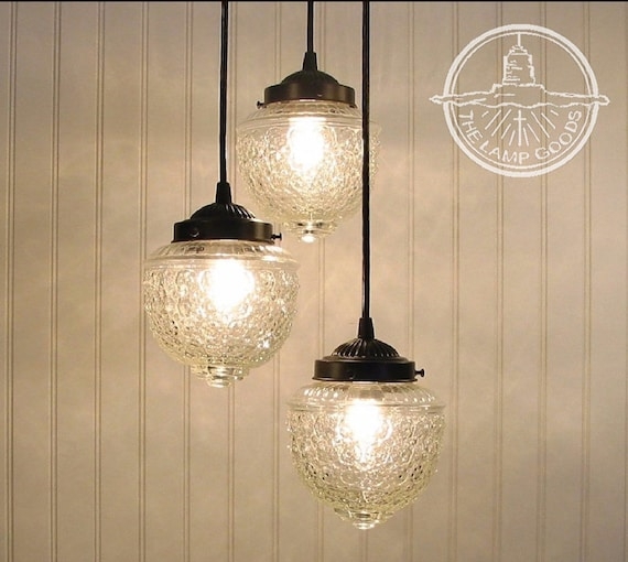 Pendant Light Trio Vintage Prismatic Glass Acorn Shape
