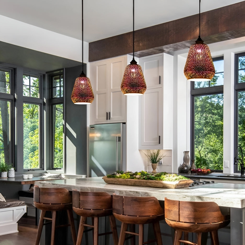 Pendant Light Trio with 3D Fireworks Pattern and Holographic Glass Globes