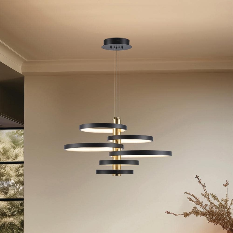 Pendant Light, Triple Ring Design with Integrated LED, Black and Gold