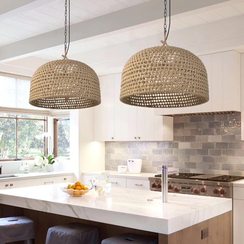 Pendant Light Triple Set Woven Hemp Rope Dome with Black Hardware