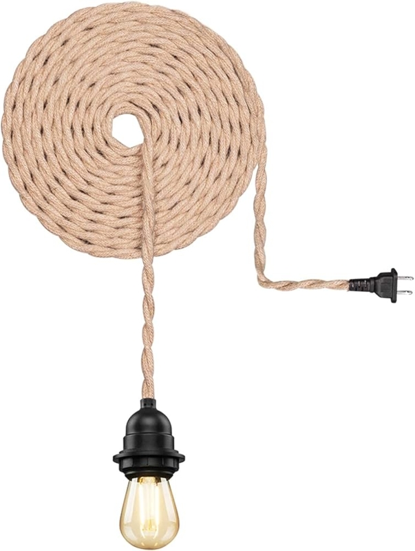 Pendant Light Twisted Hemp Rope Plug In Cord Exposed Bulb Rustic