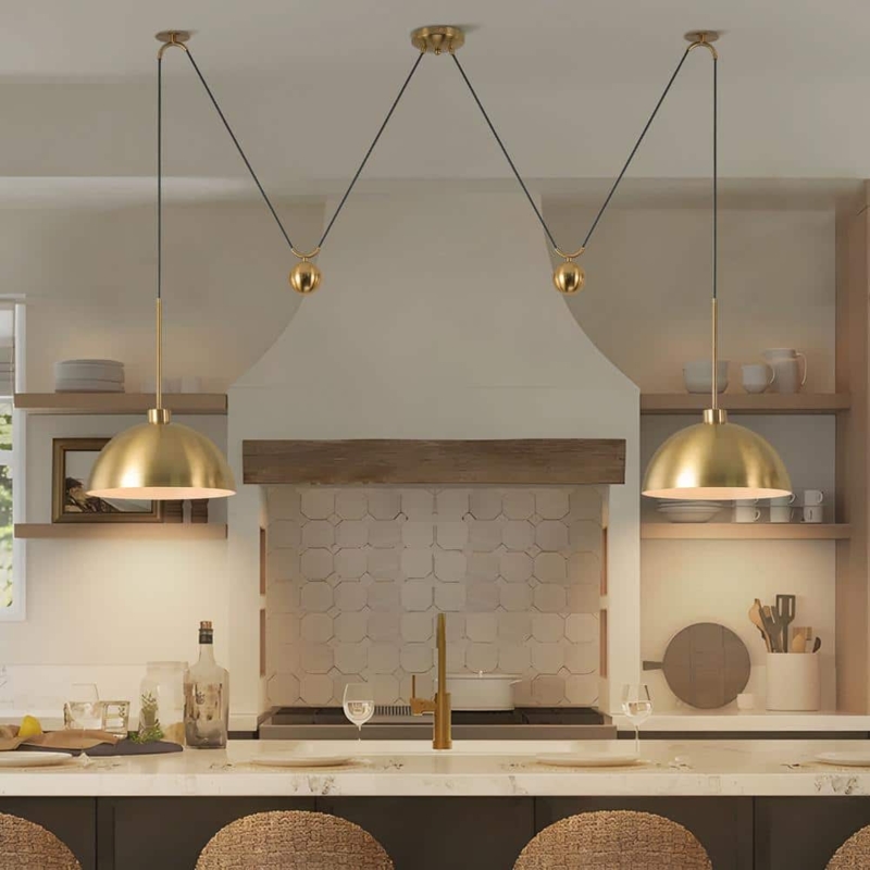 Pendant Light, Two Light Linear Design with All Metal Dome Shades