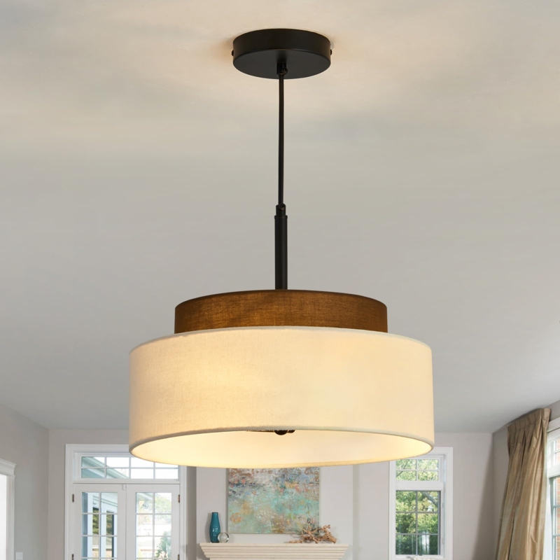 Pendant Light Two-Tier Drum Fabric Shade Wood Frame Farmhouse Style