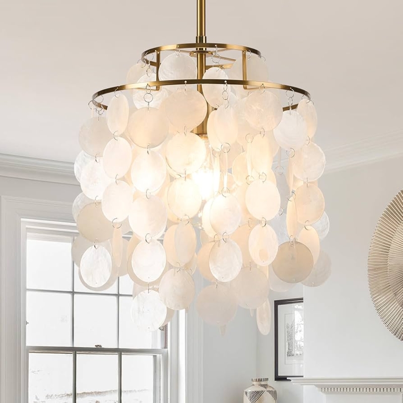 Pendant Light Two Tier Shell Brass Coastal Bohemian Chic Fixture