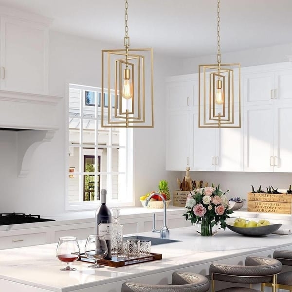 Pendant Light Two Tone Finish Geometric Lantern Frame Gold Metal