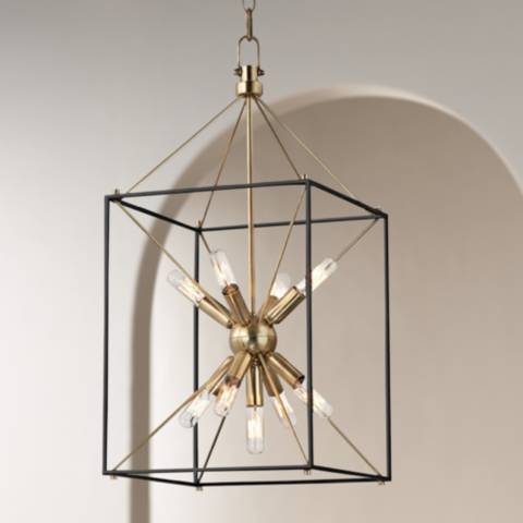 Pendant Light Vertical Cage Design Aged Brass Clear Glass Cylinder