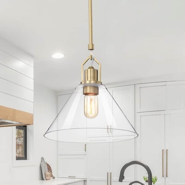 Pendant Light Vintage Brass Cone Glass Shade Farmhouse Kitchen