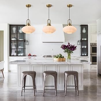 Pendant Light Vintage Brass Globe Milk Glass Shade Adjustable Rod