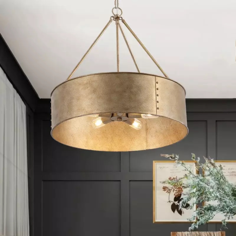 Pendant Light Vintage Drum Distressed Black Exterior Gold Interior